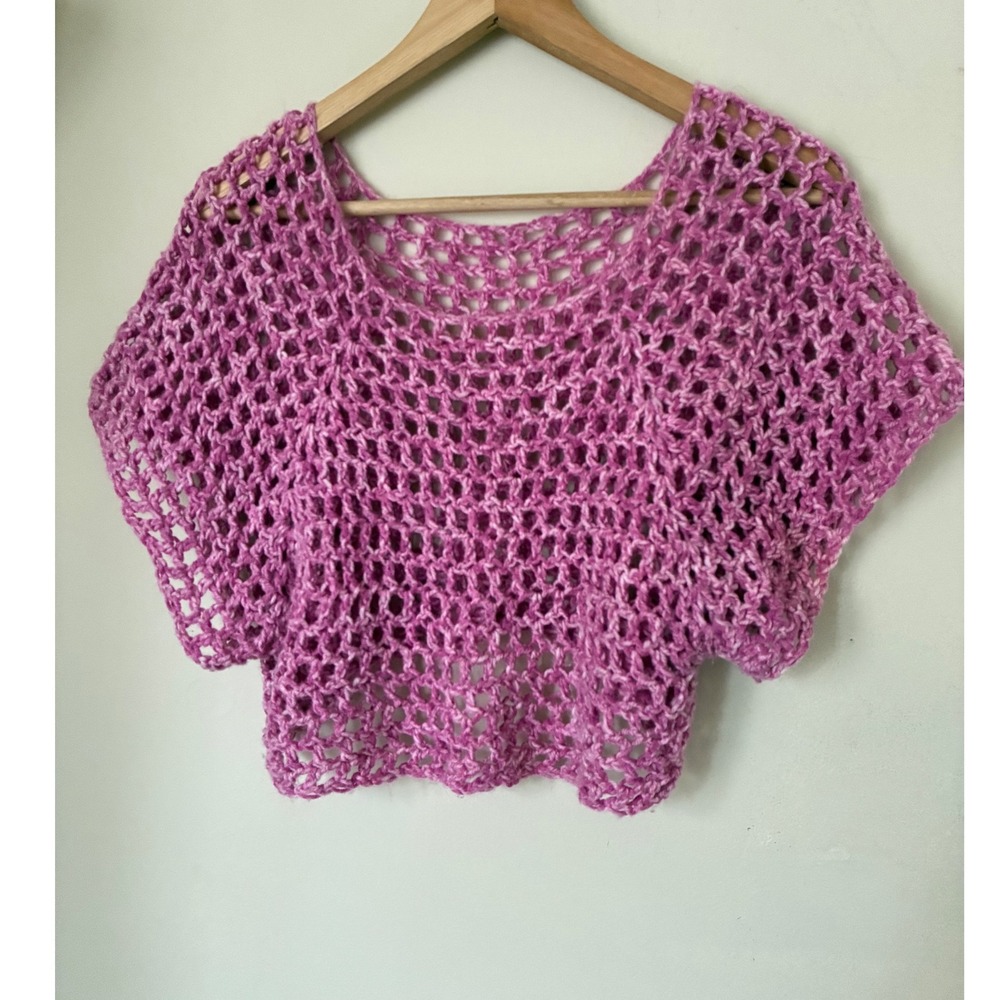 Handmade Pink Crochet Crop Top Mesh Knit Boho Festival Short Sleeve Scoop Neck S
